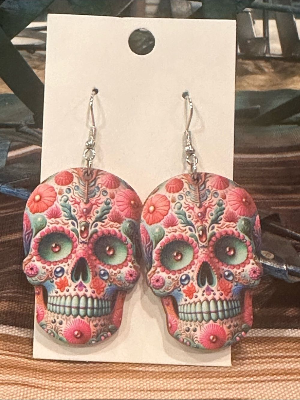 Lightweight Colorful Sugar Skull Dangle Earrings - Pink & Teal